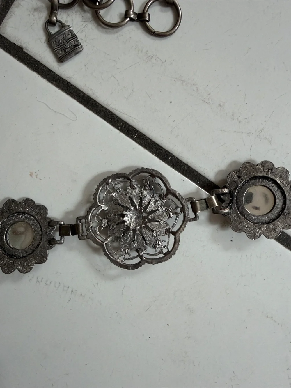 Silver tone Floral Link Belt with Garnet Accents